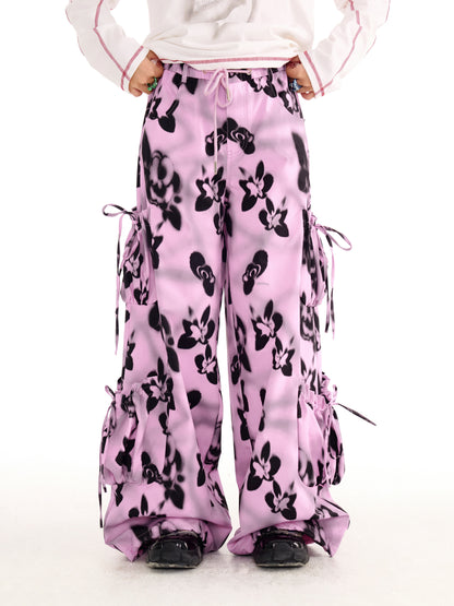 sillysis - Black Pink Floral Cargo Wide-Leg Pants pants sillysis