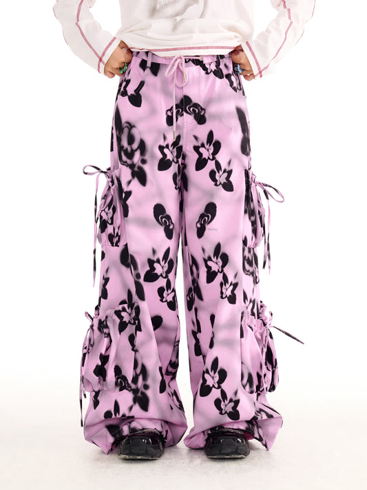 sillysis - Black Pink Floral Cargo Wide-Leg Pants pants sillysis