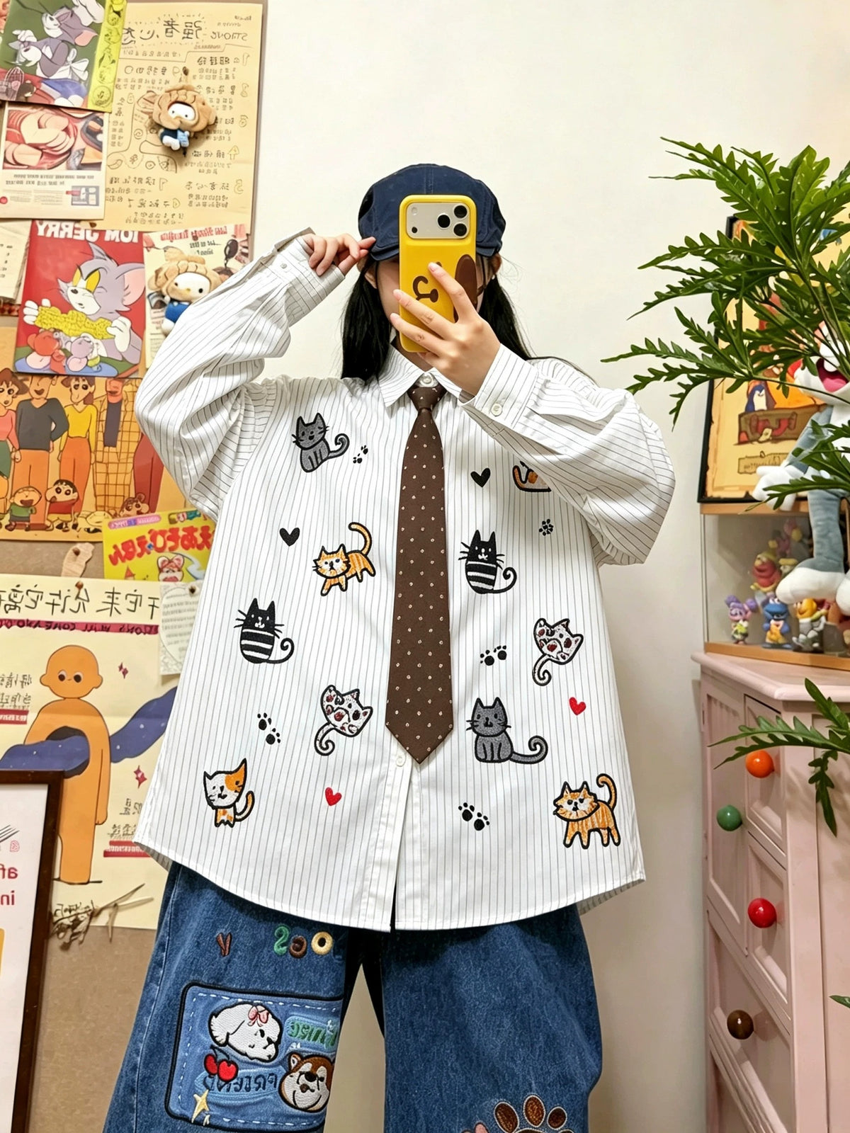 BIBULU - Cat Embroidered White Striped Shirt shirt BIBULU