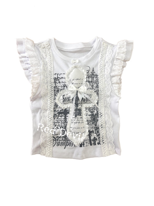 RedDevil – Y2K Cross Lace Tank Top with Flutter Sleeves shirt Red Devil
