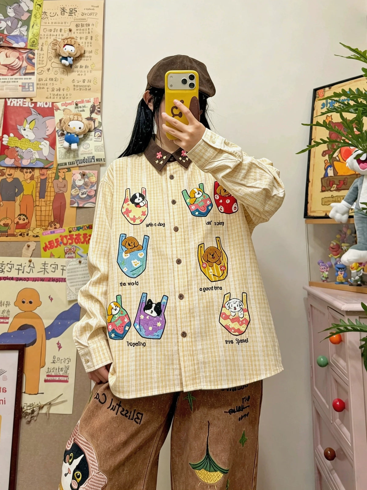 BIBULU - Kidcore Dog Embroidered Plaid Shirt shirt BIBULU