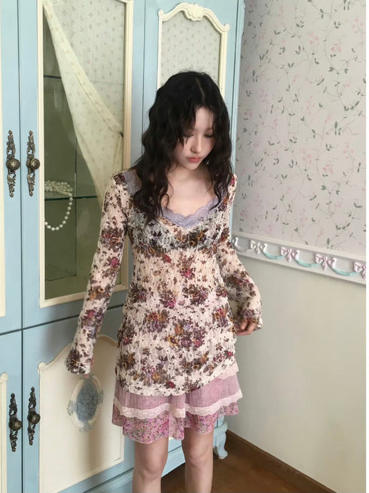 HIBABAO - Vintage Lace Floral Sheer Top shirt HIBABAO