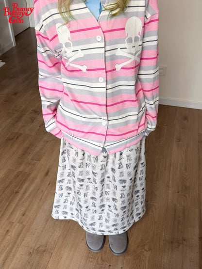 bunnybunnygun - Pink Stripe Skull V-Neck Cardigan cardigan bunnybunnygun