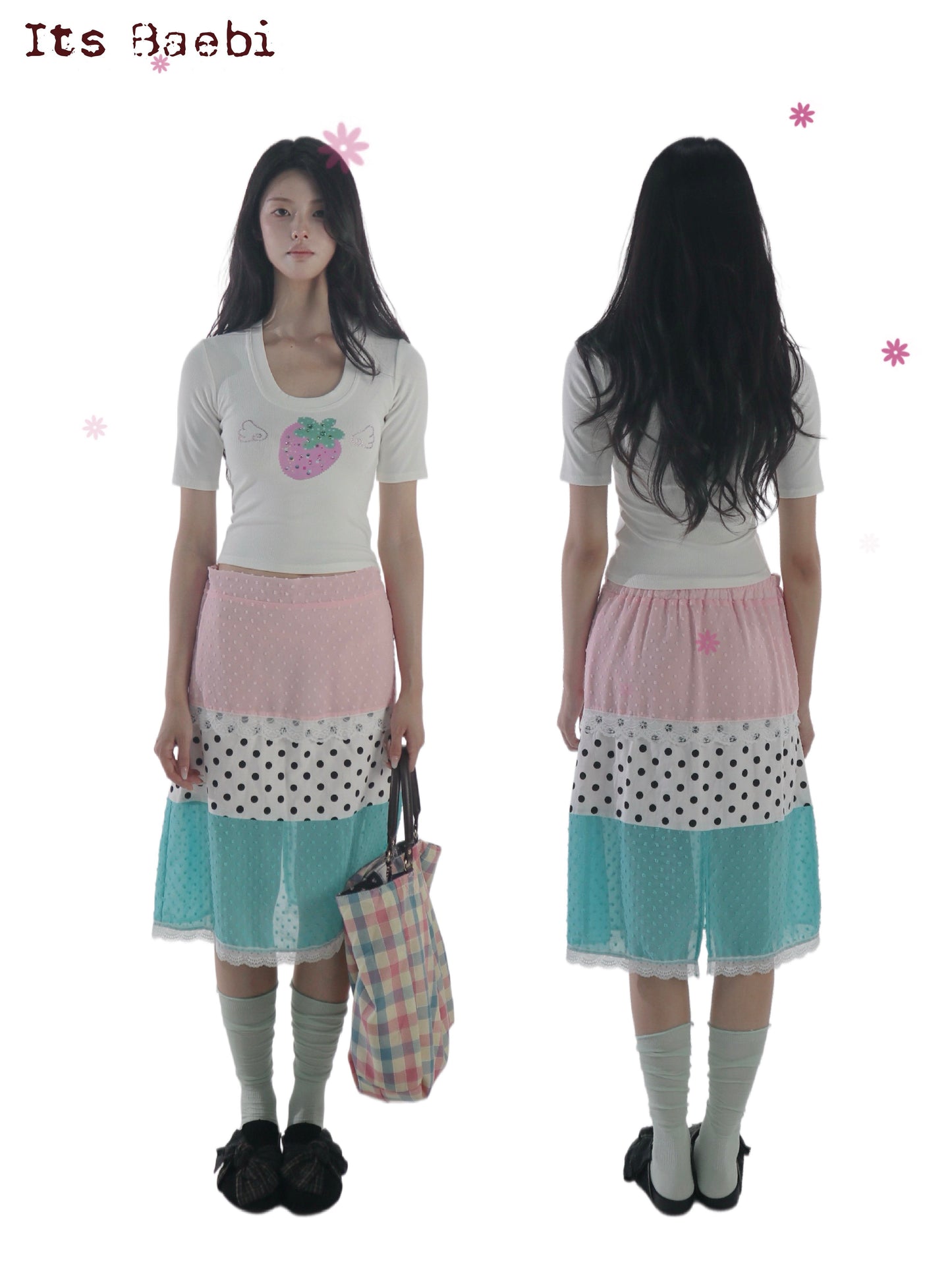 bae bi - Mint Color Block Polka Dot Lace Trim Skirt skirt Bae Bi