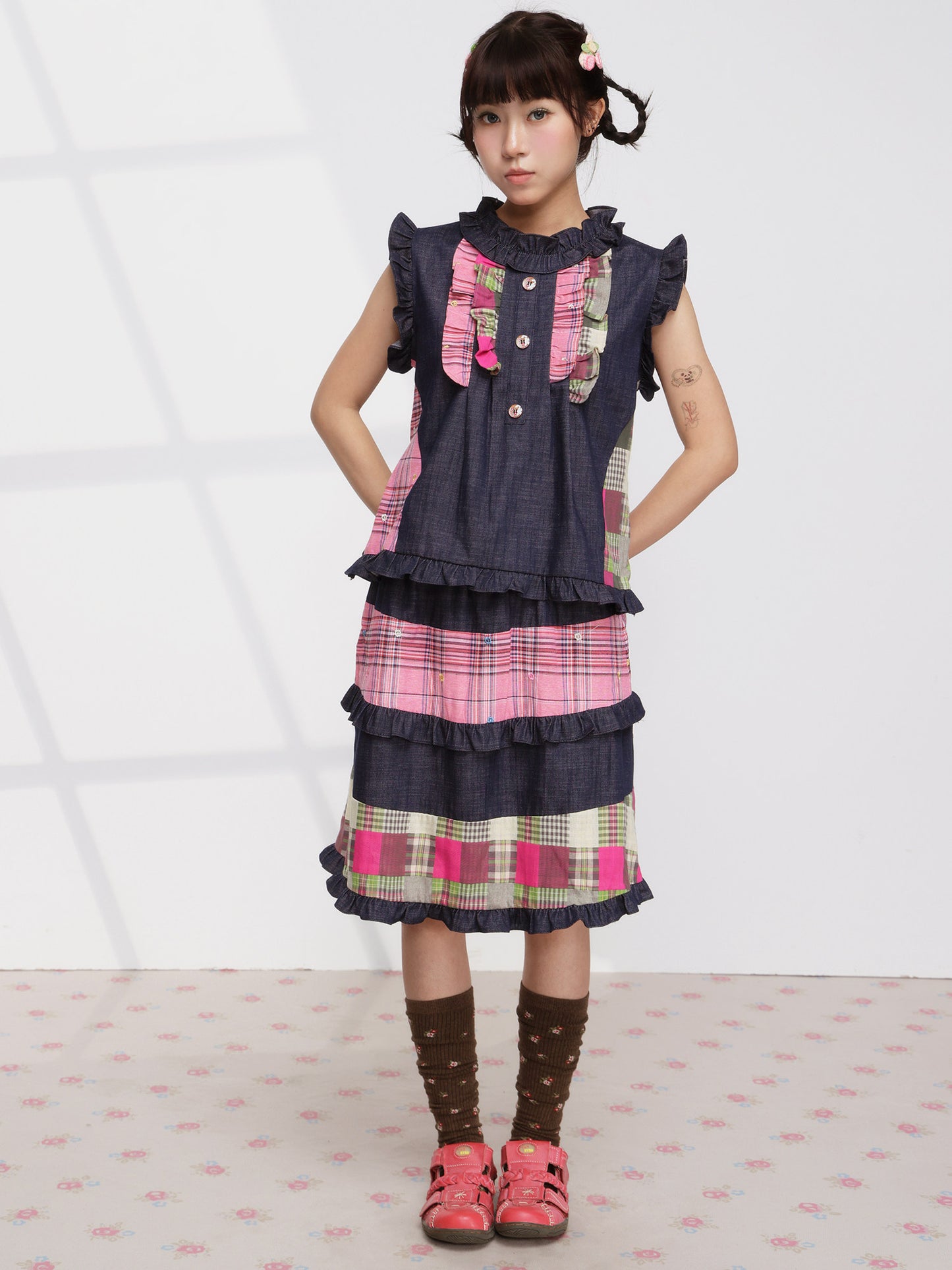 FRUITS - Pink Plaid Denim Vest Set set Fruits