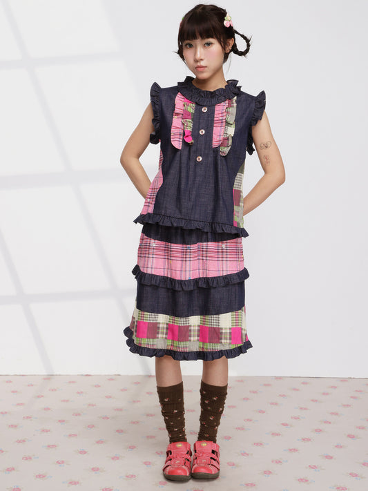 FRUITS - Pink Plaid Denim Vest Set set Fruits