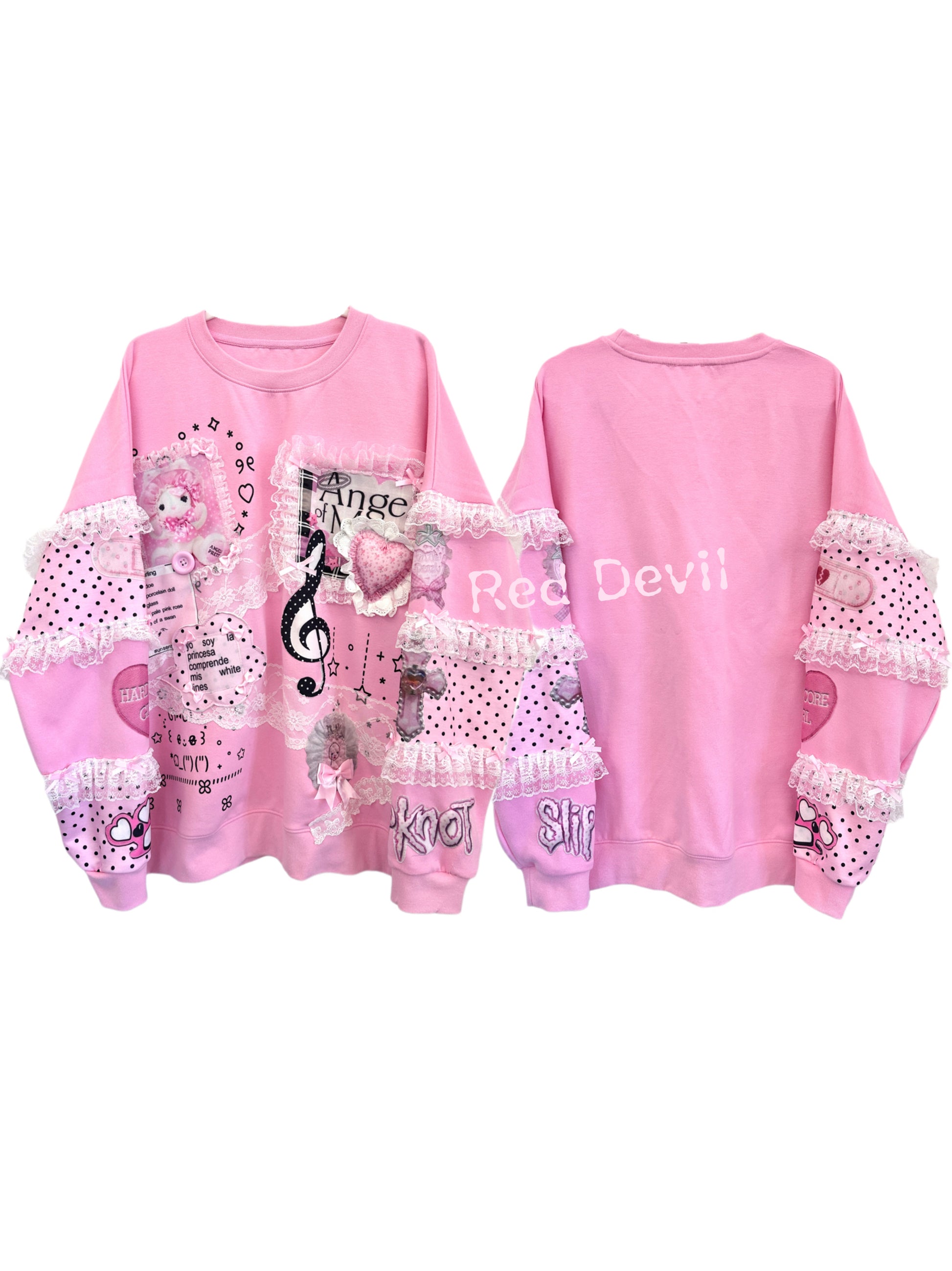 Red Devil Sweatshirt Decora Kei Sweatshirt Pink Lace Patchwork Plush Size Sweatshirt sweater Red Devil