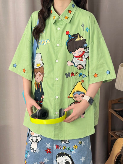 Green Cartoon Embroidered Shirt shirt soldout