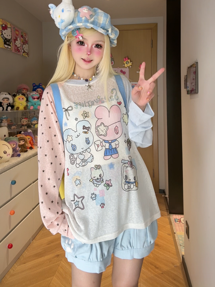 Cute Lin Raglan Sleeve Graphic Top | Kawaii Loose-Fit Summer Shirt shirt cute lin