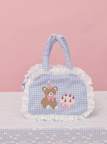 SemenCoicis Vintage Bear Embroidered Bag | Cute Ruffle Double-Sided Tote bag SemenCoicis