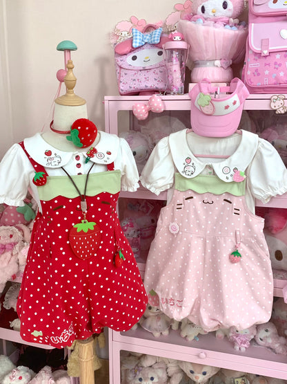 Blurred Bear - Strawberry Doll Collar Overalls Set set Blurred Bear