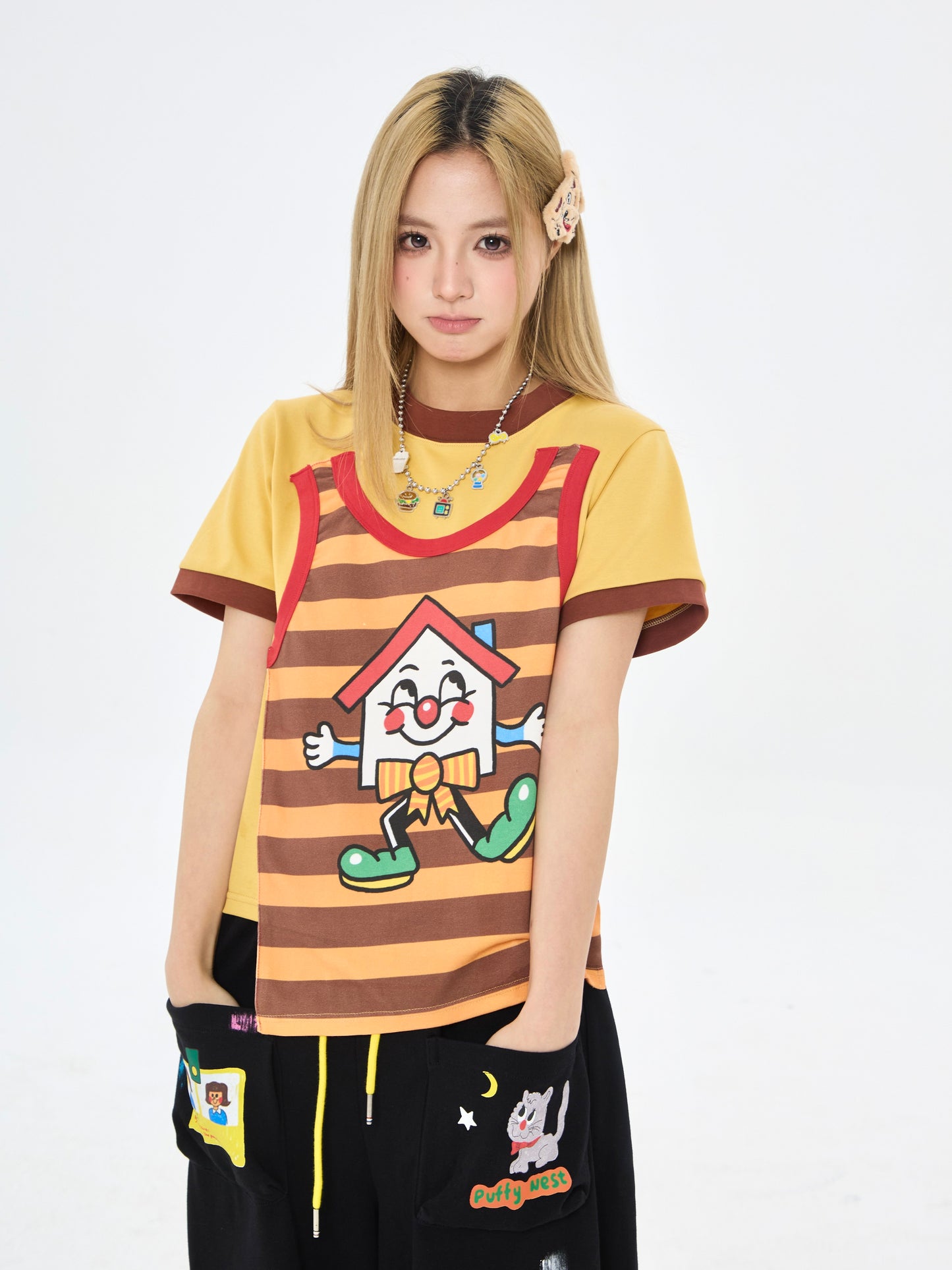 Robootoo - Brown Yellow Faux Layered Print T-Shirt tshirt Robootoo