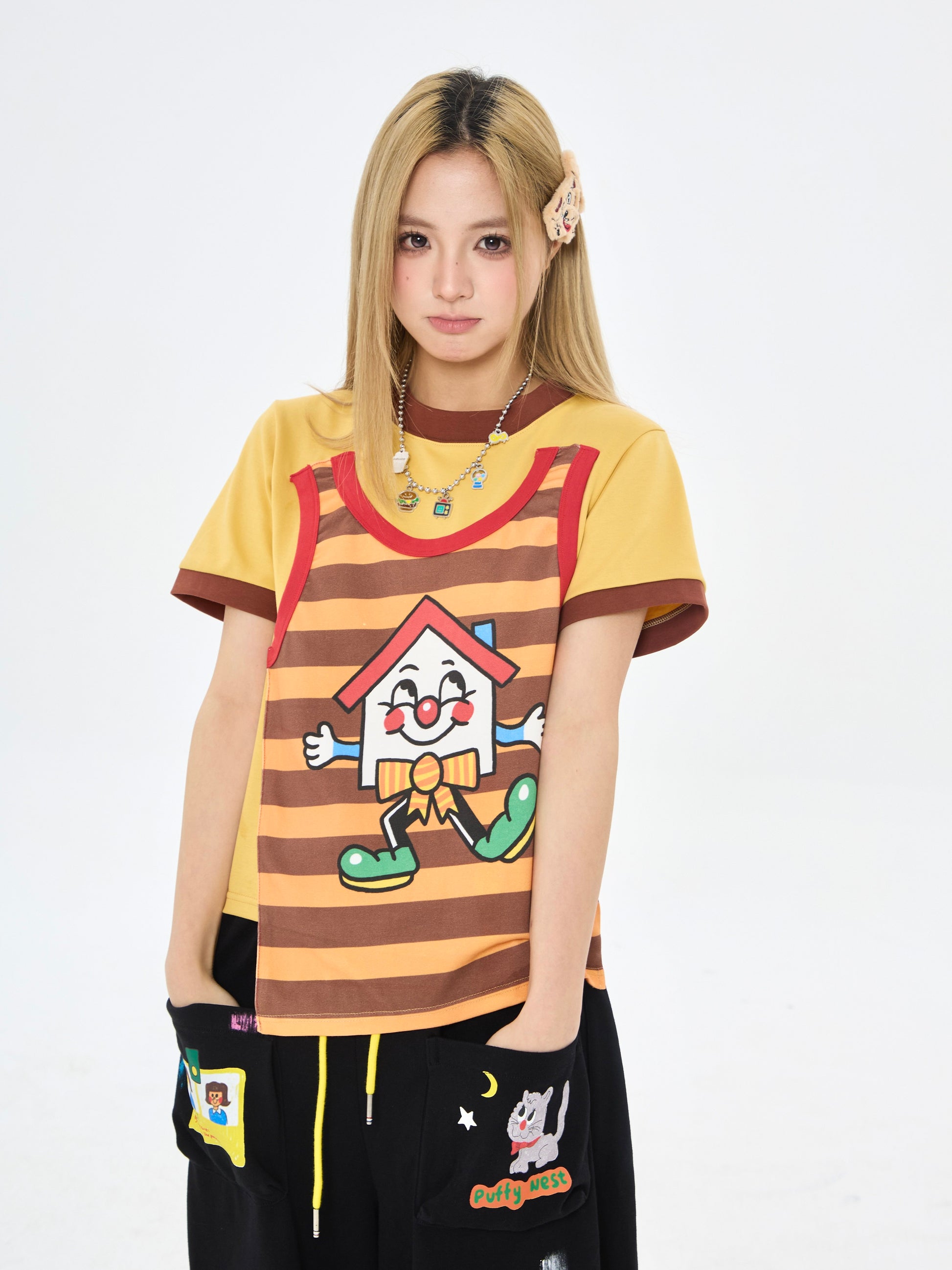 Robootoo - Brown Yellow Faux Layered Print T-Shirt tshirt Robootoo