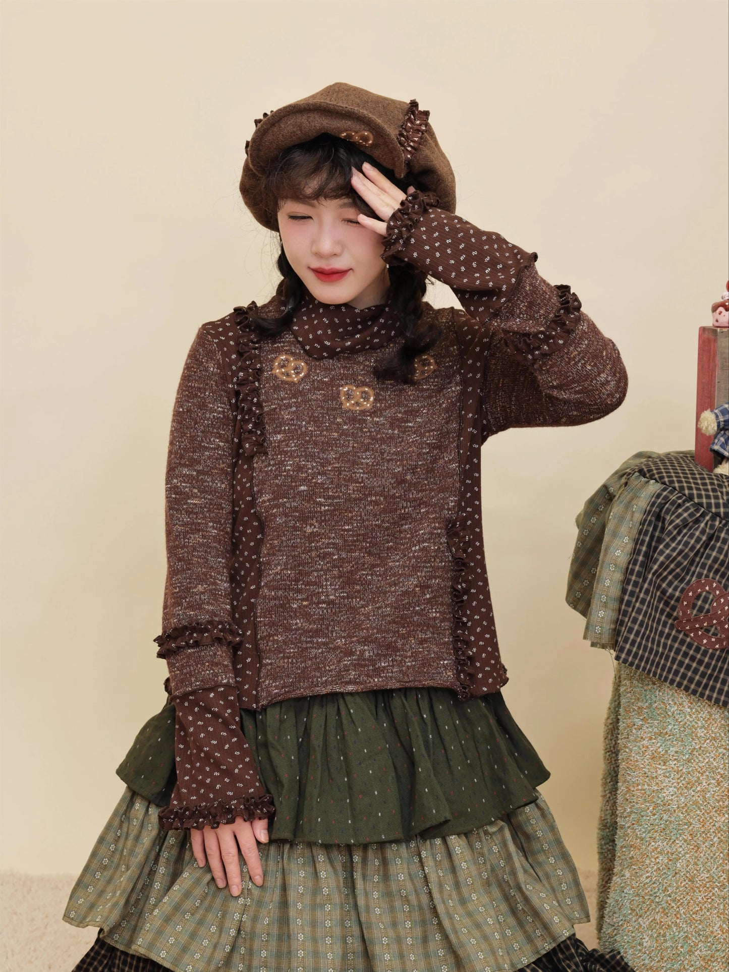 SemenCoicis - Kawaii Colorblock Floral Embroidered Brown Lace Top shirt SemenCoicis