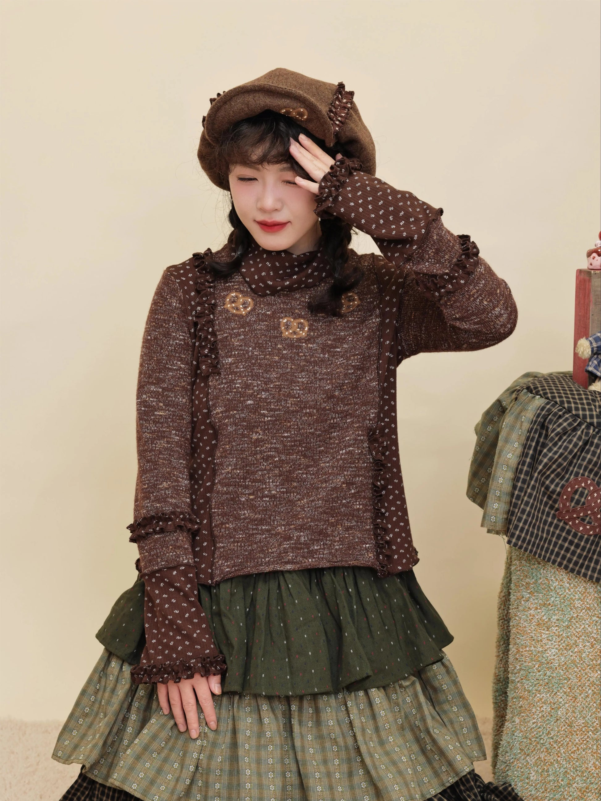 SemenCoicis - Kawaii Colorblock Floral Embroidered Brown Lace Top shirt SemenCoicis