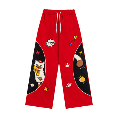 BIBULU - Red Cat Embroidered Wide-Leg Pants pants BIBULU M