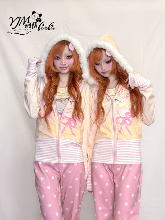 YJM with biubiu - Fuzzy Hooded Zip Jacket jacket YJM with biubiu
