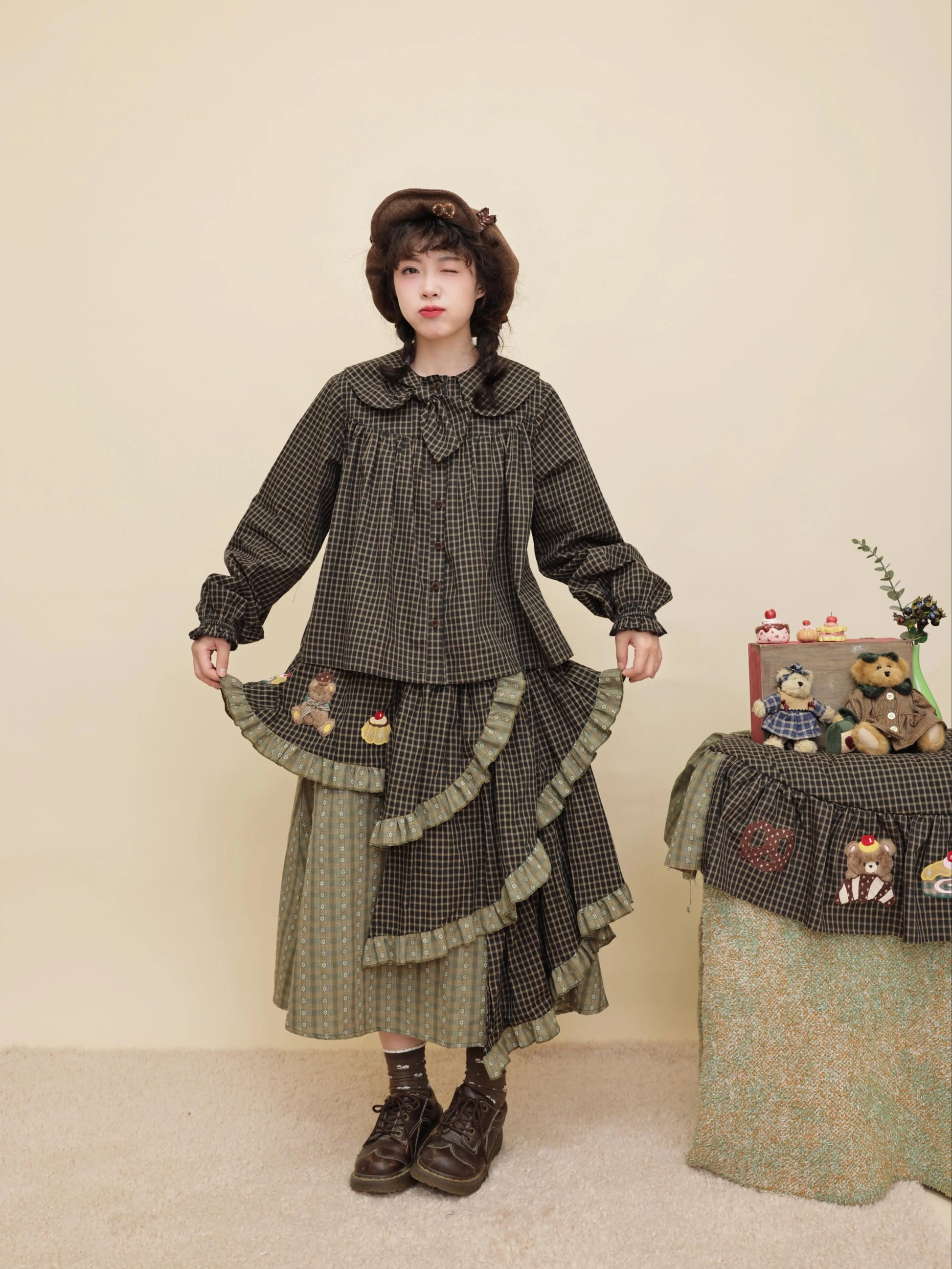 SemenCoicis - Kawaii Vintage Dark Green Plaid Cake Skirt skirt SemenCoicis