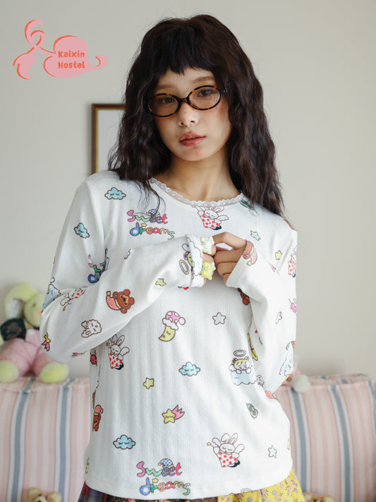 Harajuku style white printed lace border long sleeve top with cute illustration