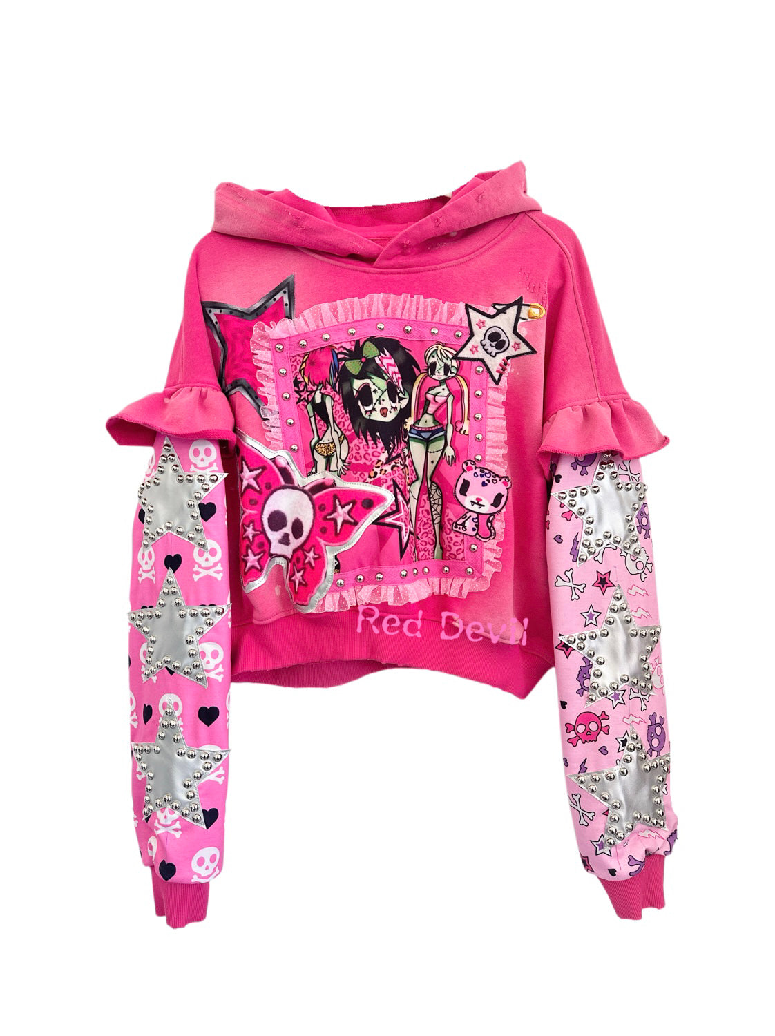 Red Devil Hoodie Decora Kei Hoodie Pink Distressed Hood Ruffle Sleeve Sweatshirt hoodie Red Devil