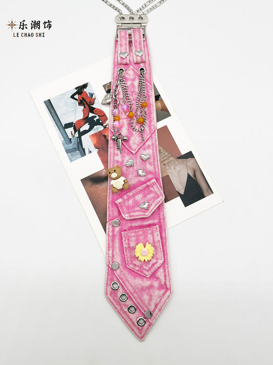 Le Chao - Pink Denim Tie Bear Chain Accessory tie Le Chao