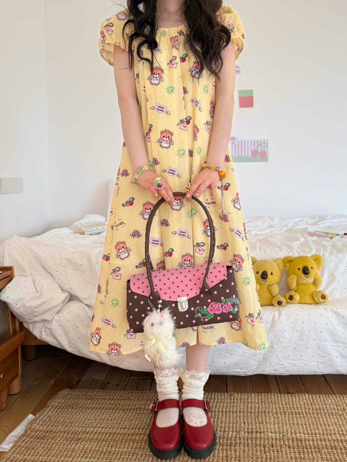 KaiXin Hostel - Bear Print Puff Sleeve Dress dress KaiXin hostel