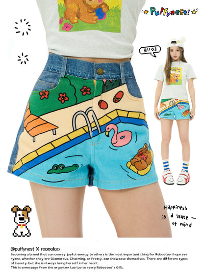 Robootoo - Blue Pool Print Denim Shorts shorts Robootoo