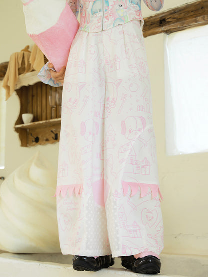 Meugler Multi-Fabric Patchwork Dog Face Pure White/Printed Casual Wide-Leg Pants pants Meugler