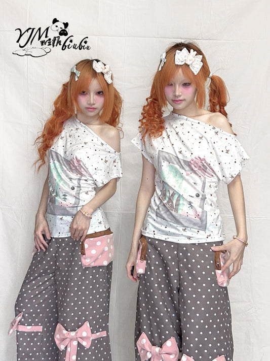 YJM with biubiu - Mint White Polka Dot Fitted Short Sleeve Top shirt YJM with biubiu