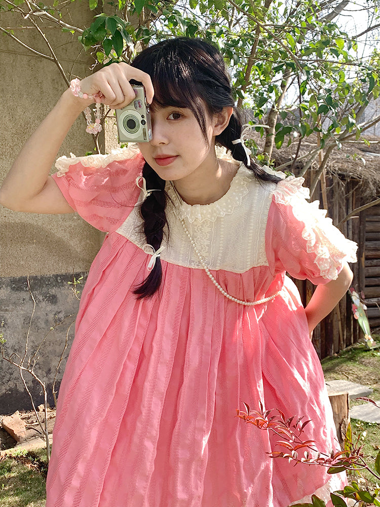 Mameya - Kawaii Pink Lace Puff Sleeve High Waist Dress Short Sleeve dress Mameya