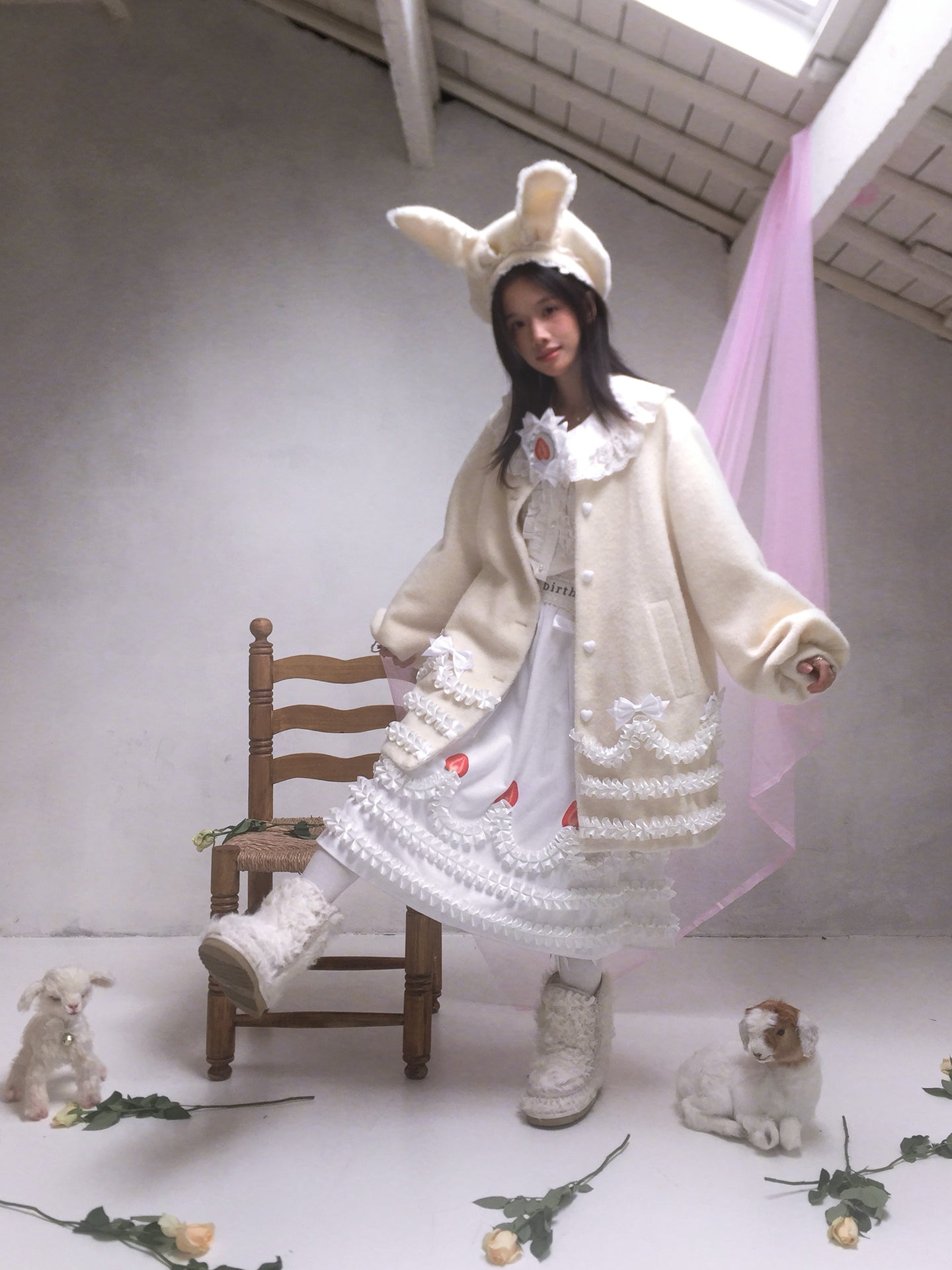 Daytoday Everyday Institute - Girly Wool Look Coat Cream Lace Puff Sleeve coat daytoday everyday institute