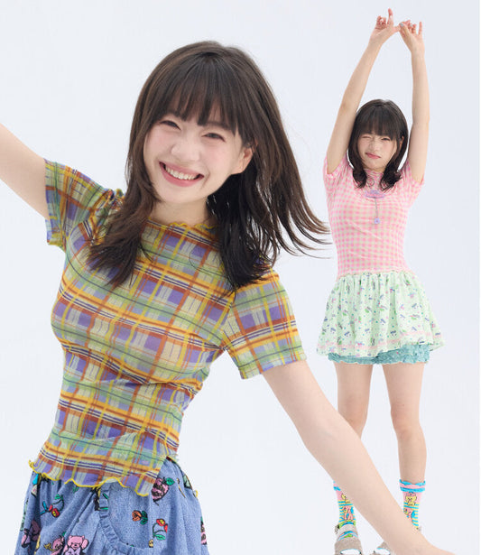 tntntutu - Pink Plaid Mesh Top | Fairy Kei Kawaii Harajuku Layering Shirt tshirt tntntutu