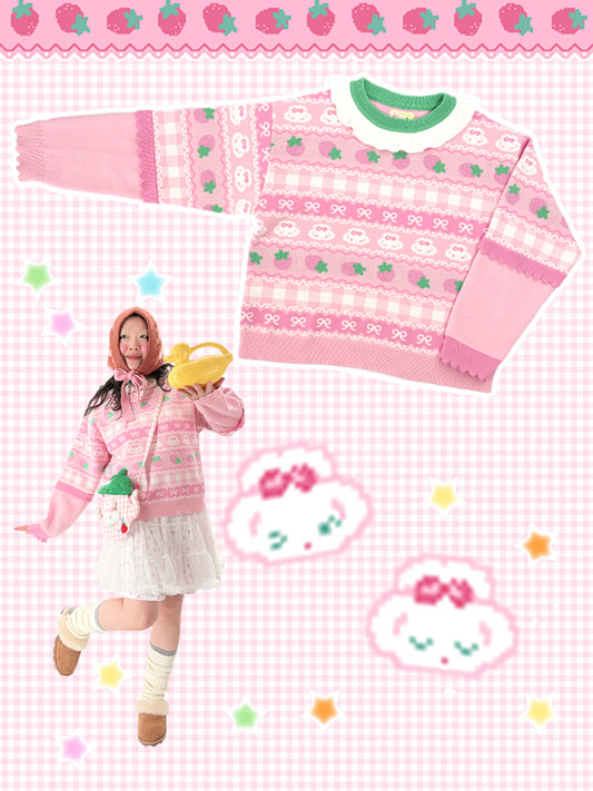 shishihshop Strawberry Puppy Sweater | Decora Bow Sweater | Kawaii Loose Pullover sweater shishihshop