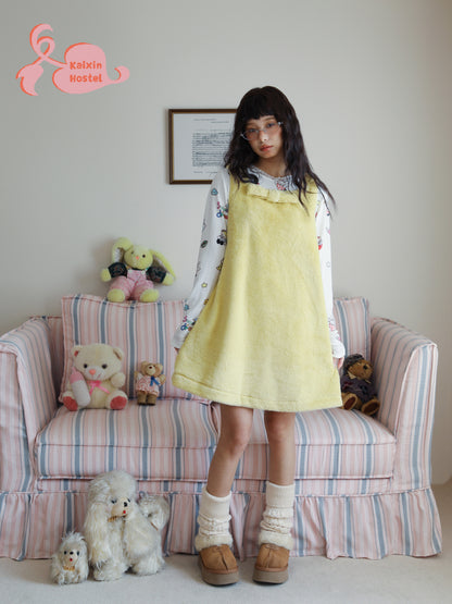 KaiXin Hostel Harajuku Cream Yellow Sleeveless Bowknot Plush Dress