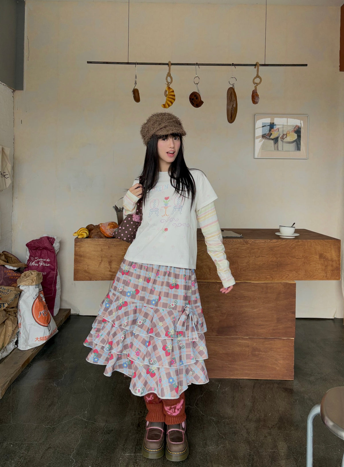 KaiXin hostel - Floral Stripe Layered Long Sleeve T-Shirt shirt KaiXin hostel