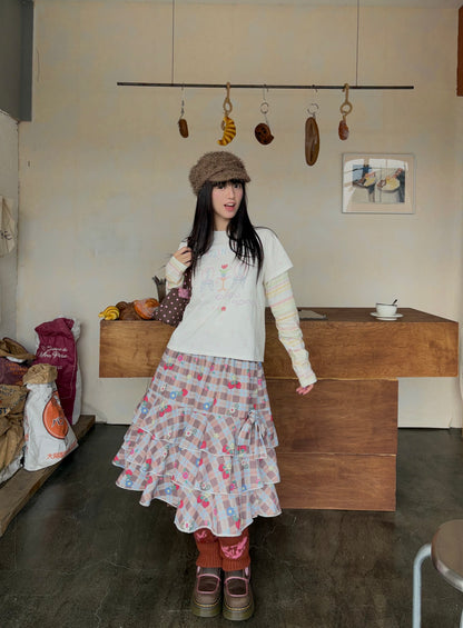 KaiXin hostel - Floral Stripe Layered Long Sleeve T-Shirt shirt KaiXin hostel