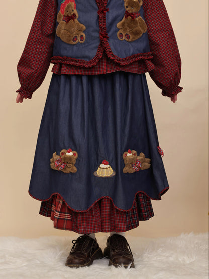 SemenCoicis - Kawaii Denim Skirt Plaid Petal Pudding Bear Skirt skirt SemenCoicis