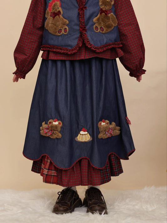 SemenCoicis - Kawaii Denim Skirt Plaid Petal Pudding Bear Skirt skirt SemenCoicis