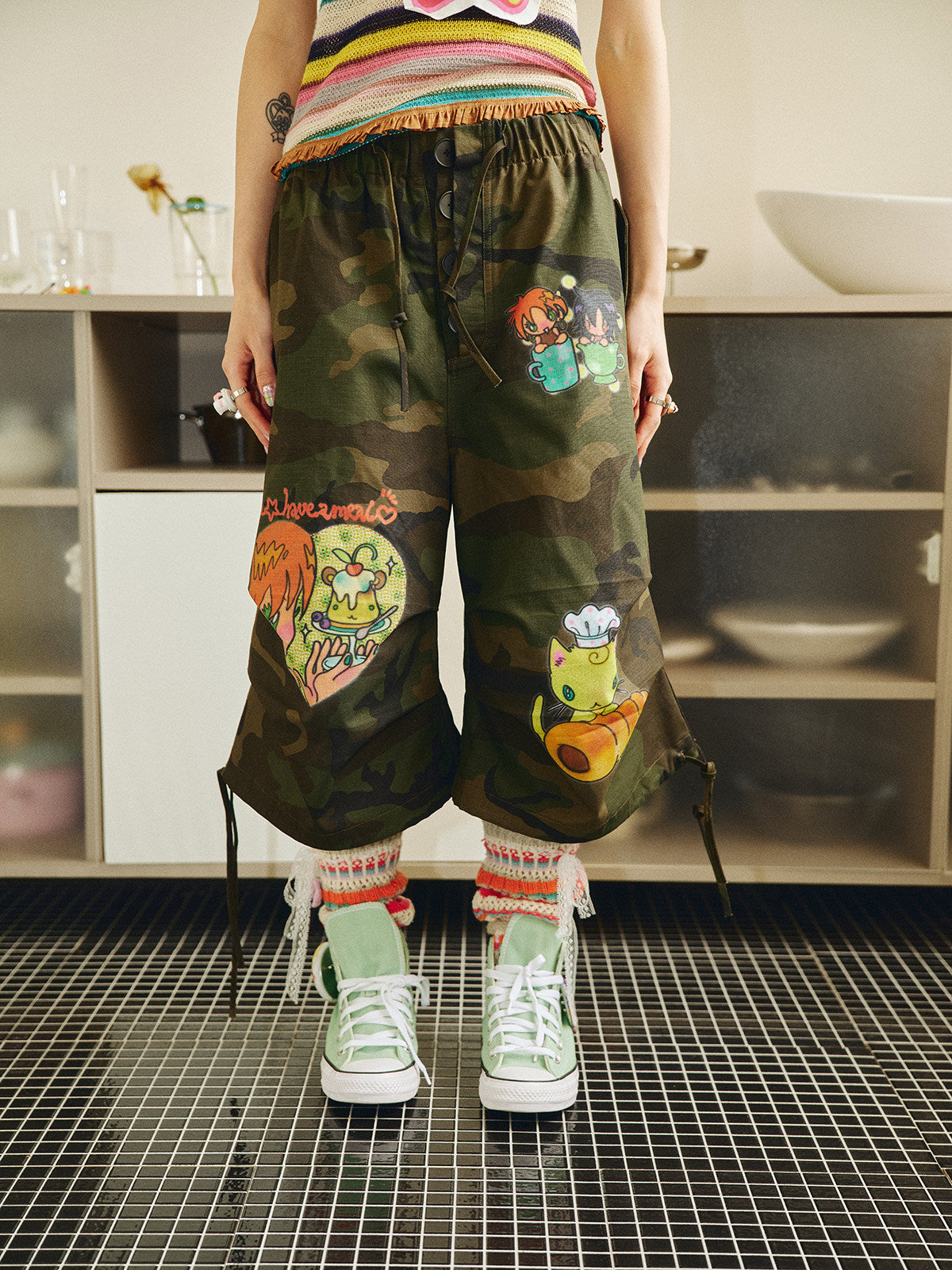 Have a Meal - Bread Cat Camo Cropped Pants pants have a meal