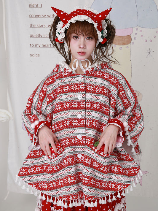 SOS MEME CLUB - Kawaii Red Christmas Cape Vintage Showa Lolita Knit Shawl Coat cape SOS MEME CLUB