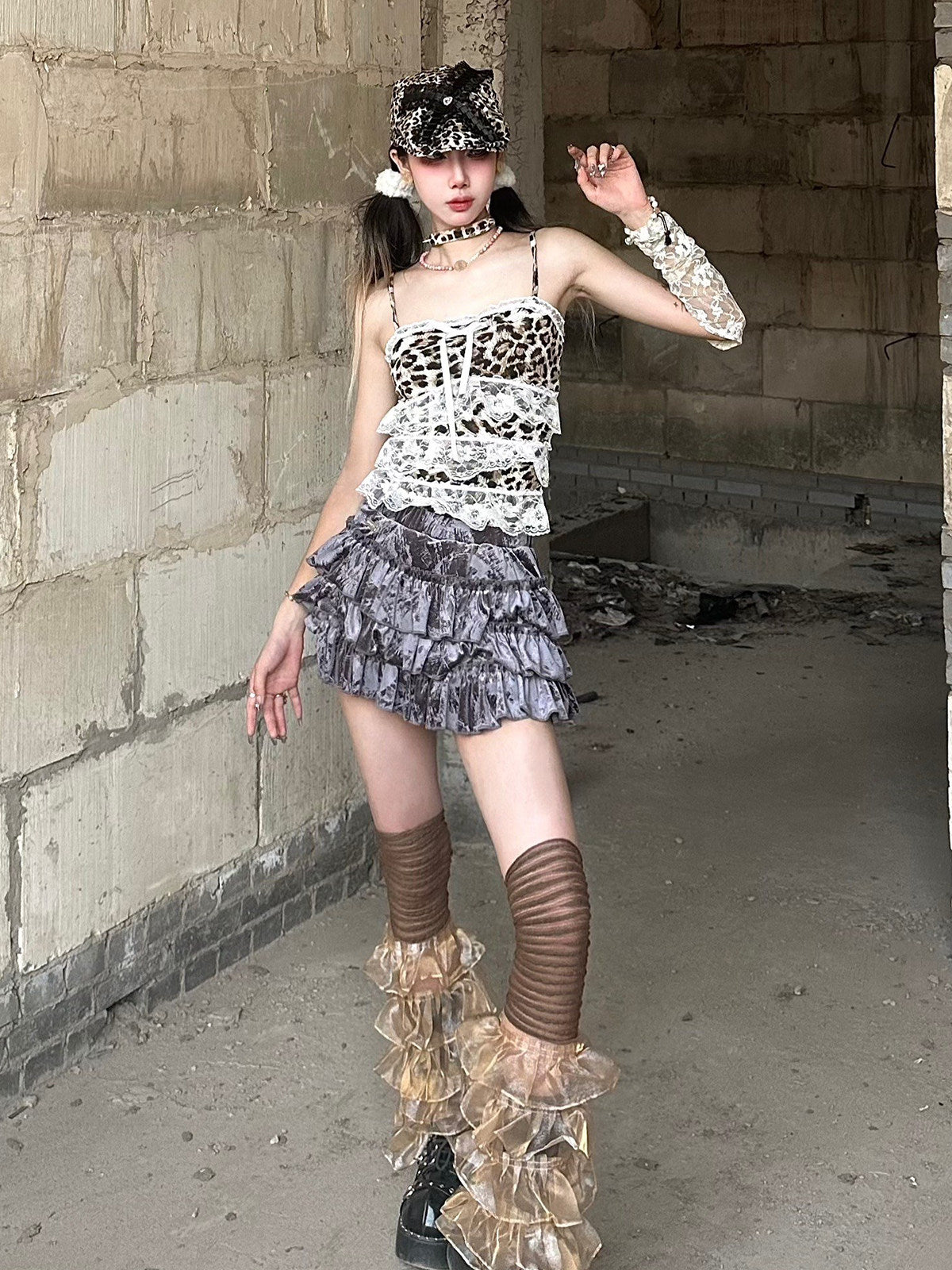 00s archive lazydoll着用 border y2k swag Y2K Velvet Layered Skort - Allbubble | Land Decora