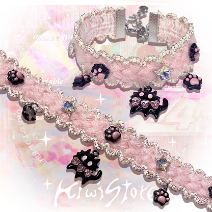Kiwi Store - Y2K Black Cat PinkFuzzy Choker & Bracelet necklace kiwi store