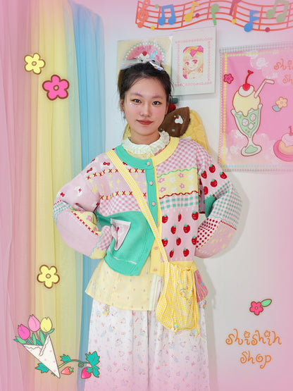 shishihshop Strawberry Puppy Cardigan | Cake Knit Cardigan | Colorblock Oversized Sweater cardigan shishihshop