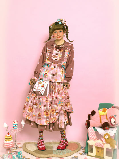 LutraJump - Kawaii Plaid Embroidered Bow Elastic Waist Skirt