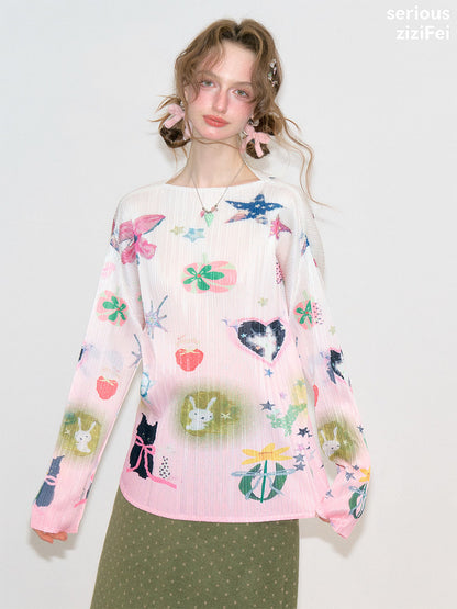 ziziFei - Pink Y2K Graphic Pleated Long Sleeve Top shirt ziziFei