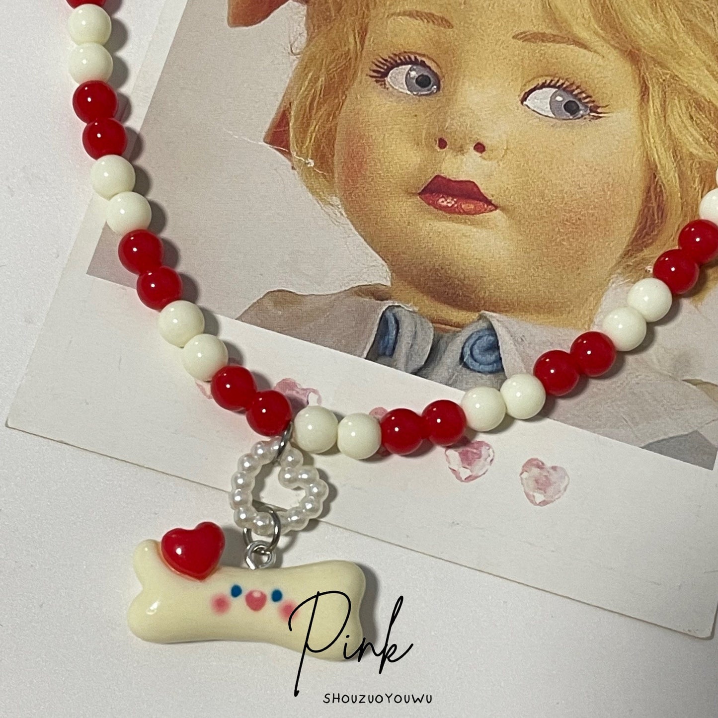 Puppy Bone Beaded Heart Necklace necklace pink