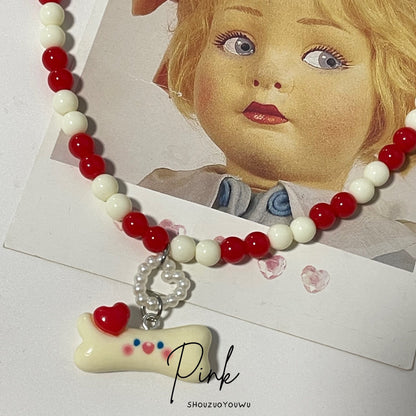 Puppy Bone Beaded Heart Necklace necklace pink