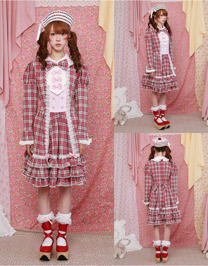 SOS MEME CLUB - Pink Plaid Retro Dress Lolita Fashion Dress dress SOS MEME CLUB