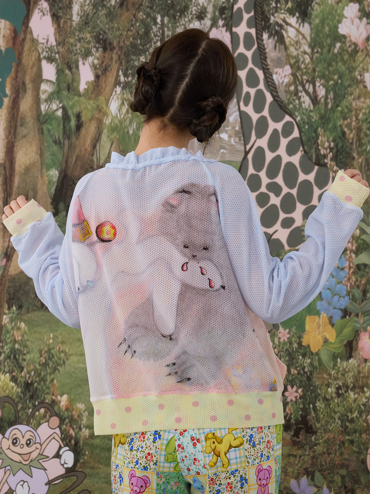 tntntutu - Mesh Print Zip Cardigan Jacket Land Decora