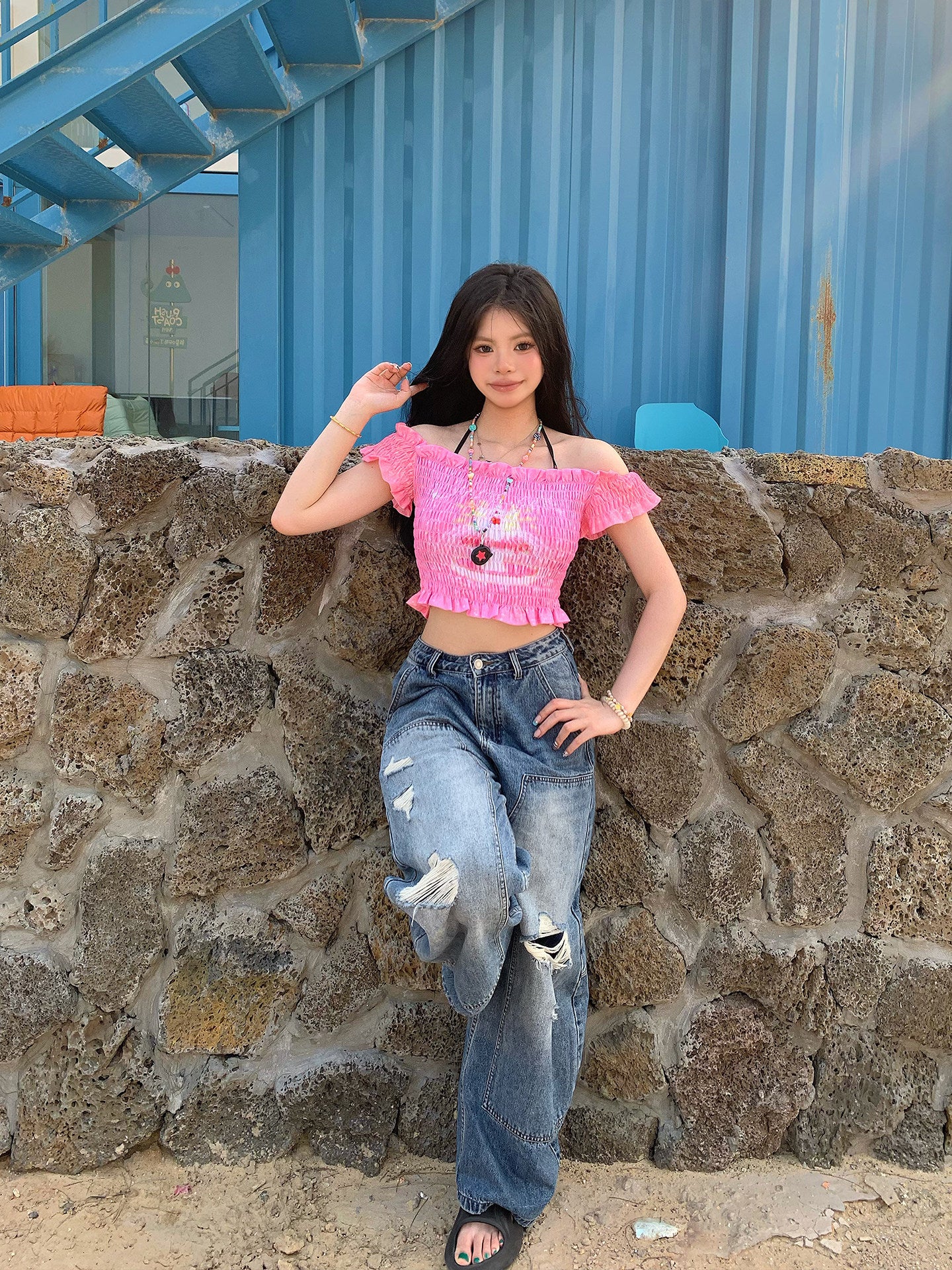Allbubble - Cat Print Off Shoulder Crop Top vest Allbubble